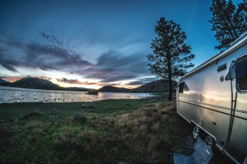 RV boondocking near water without any hookups. 