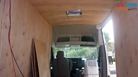 1⁄4-inch Luan plywood makes a good ceiling and wall paneling for your DIY cargo van conversion