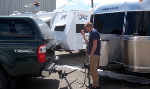 Hooking up the Airstream trailer to the tow vehicle.