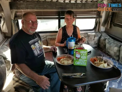 Enjoying holiday dinner with friends in the RV!