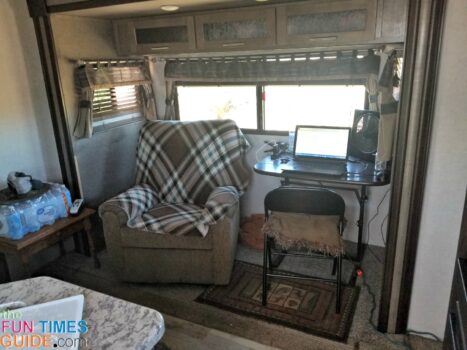 The finished product... a comfortable space in my RV living room where the dinette used to be! See how to remove your RV dinette here.