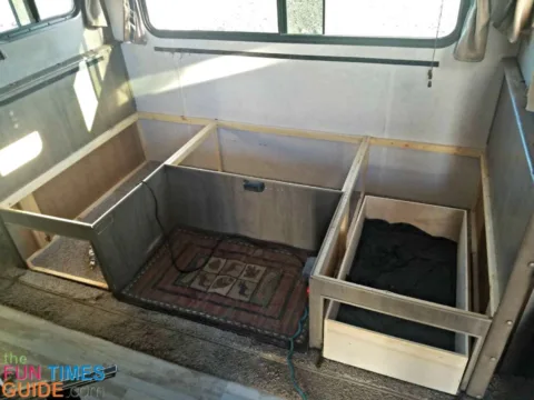The RV dinette halfway removed. See before & after photos, plus my best tips for removing an RV dinette yourself.