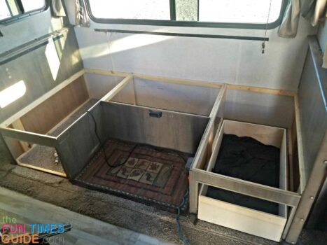 The RV dinette halfway removed. See before & after photos, plus my best tips for removing an RV dinette yourself.