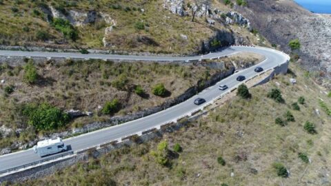 RV driving on a long uphill road will require that you drop down to lower gears -- downshift 1 or 2 gears.