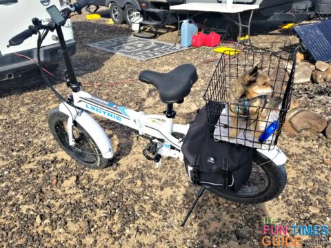 My dog Max ready to go for a ride on our RV electric bike. photo by Curtis at TheFunTimesGuide.com My dog Max ready to go for a ride on our RV electric bike.