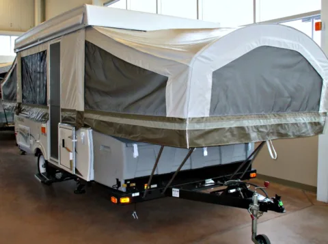 A common RV tent trailer set-up with canvas material that can mold